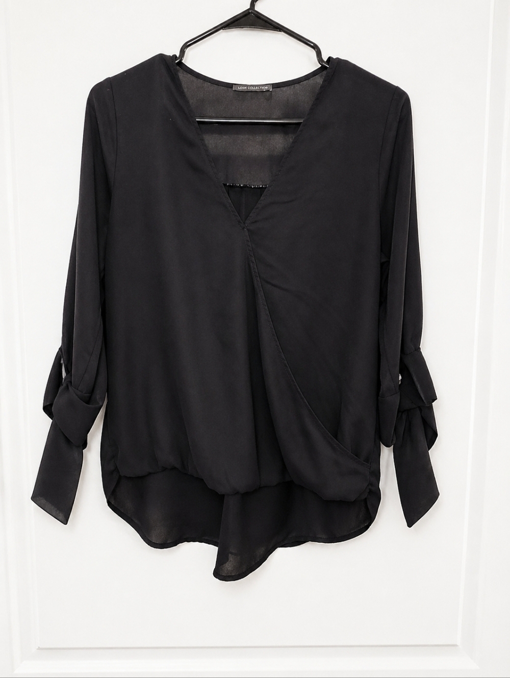 West Kei Black Wrap Blouse Tie Sleeve Romantic Minimalist Top Small